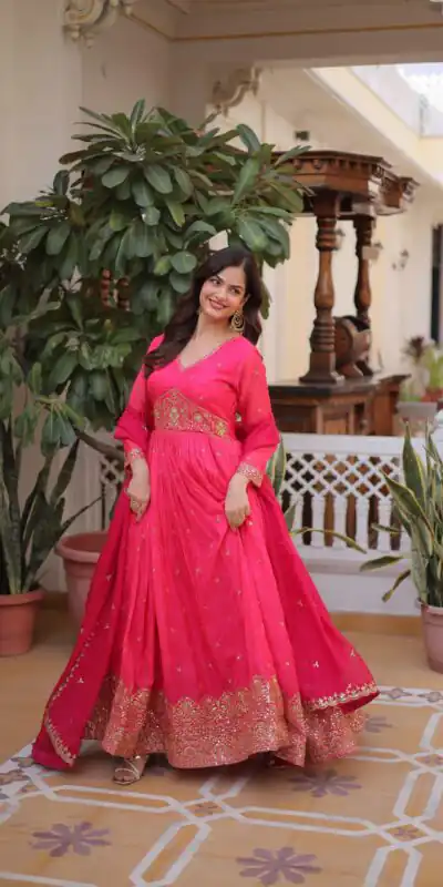 KA 1235 Pink Color Russian Silk Gown with Zari Work & Embroidery Work. Now at just ₹2499. Delivery 4-6 Working Days. Shop now. | Gowns, Bollywood Gowns, Creative Gowns, Designer Gowns, Embroidered Gowns, Party Wear Gowns