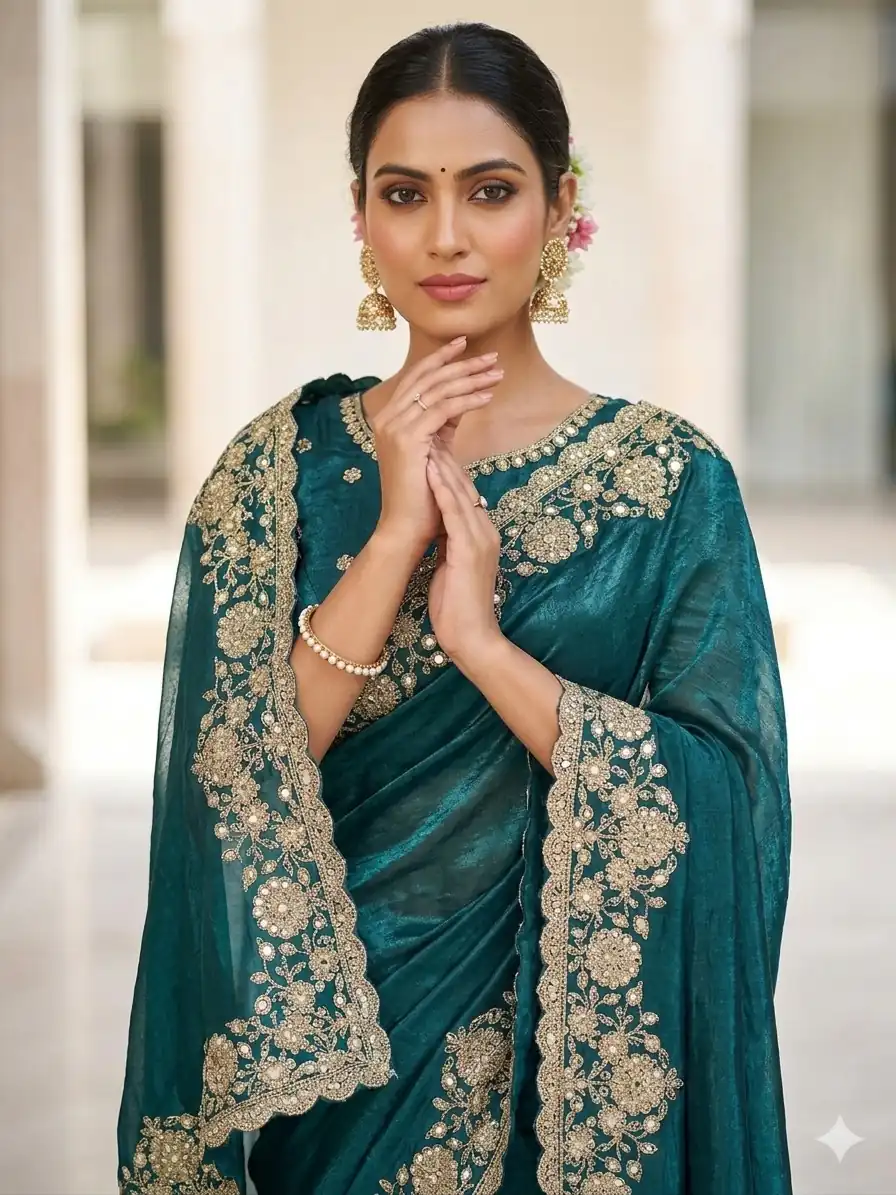 JR 670 Teal in Space Silk Embroidery Work & Zari Work Saree . Available at ₹1949 only. Delivery 4-6 Working Days. Shop now. | Sarees, Bollywood Sarees, Creative Sarees, Designer Sarees, Embroidered Sarees, Ethnic Saree, Modern Digital sarees, Party Wear Sarees