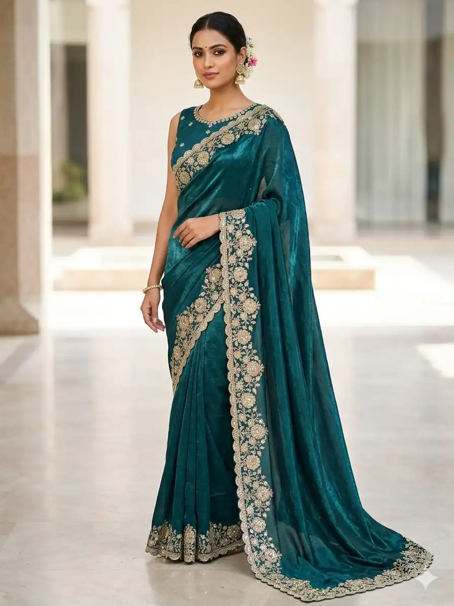 JR 670 Teal in Space Silk Embroidery Work & Zari Work Saree . Available at ₹1949 only. Delivery 4-6 Working Days. Shop now. | Sarees, Bollywood Sarees, Creative Sarees, Designer Sarees, Embroidered Sarees, Ethnic Saree, Modern Digital sarees, Party Wear Sarees