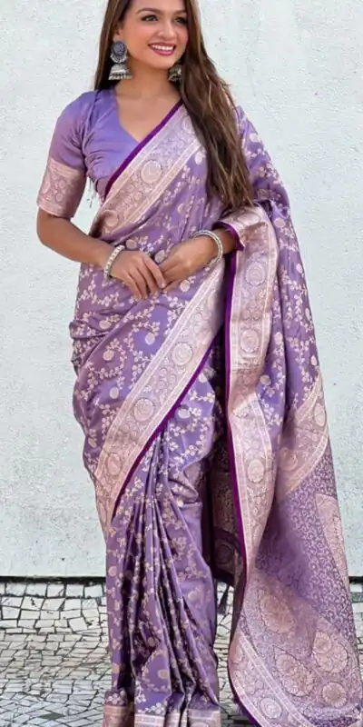 KPR 290 Lavender in Soft Lichi Silk Jacquard Work Designer Work Saree . Exclusive Offer ₹1349. Delivery 4-6 Working Days. Shop now. | Sarees, Bollywood Sarees, Creative Sarees, Designer Sarees, Embroidered Sarees, Ethnic Saree, Modern Digital sarees, Party Wear Sarees
