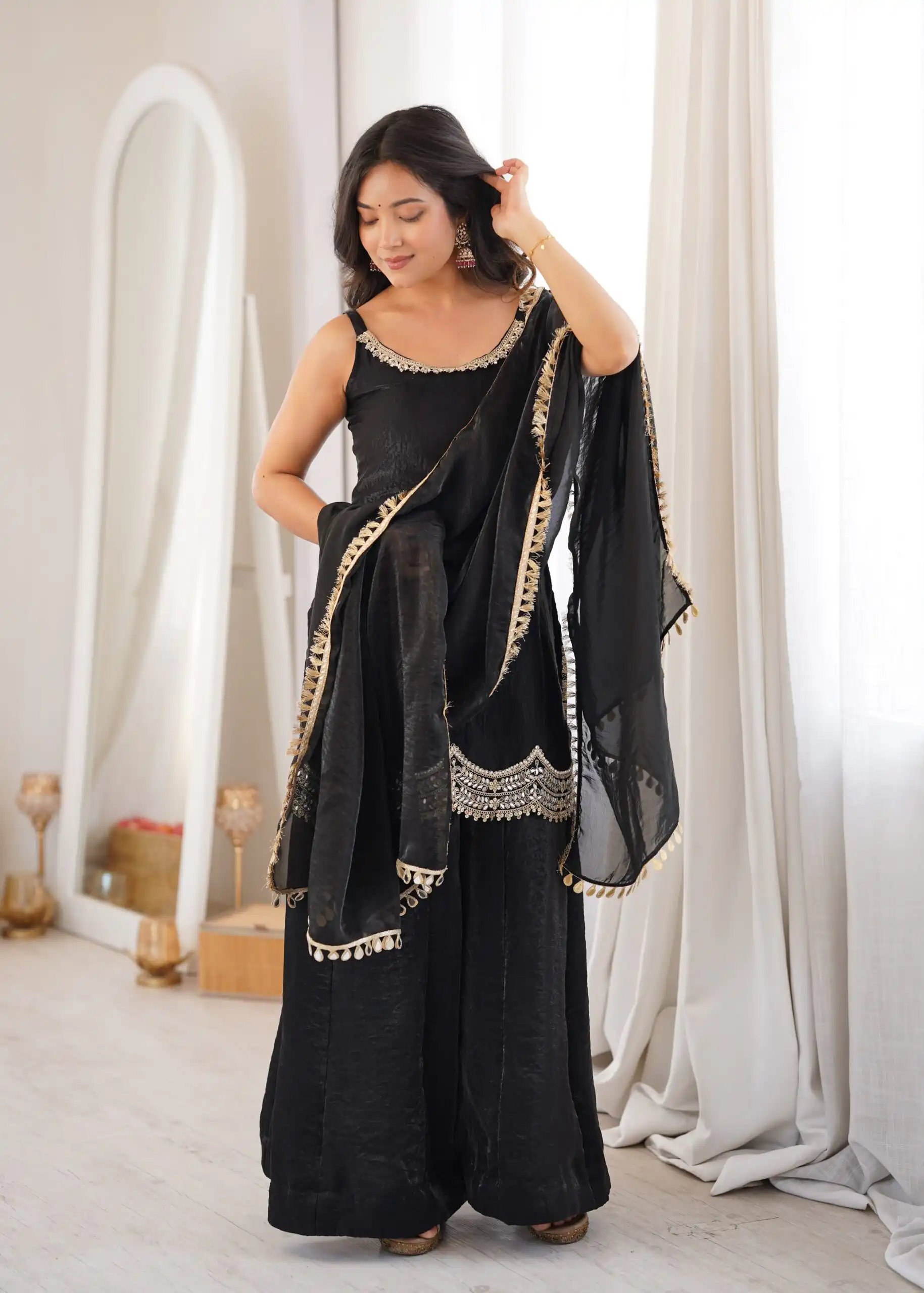 Aglow Black Fendy Silk ⁠Embroidery Mirror Work Salwar Suit - Image 2