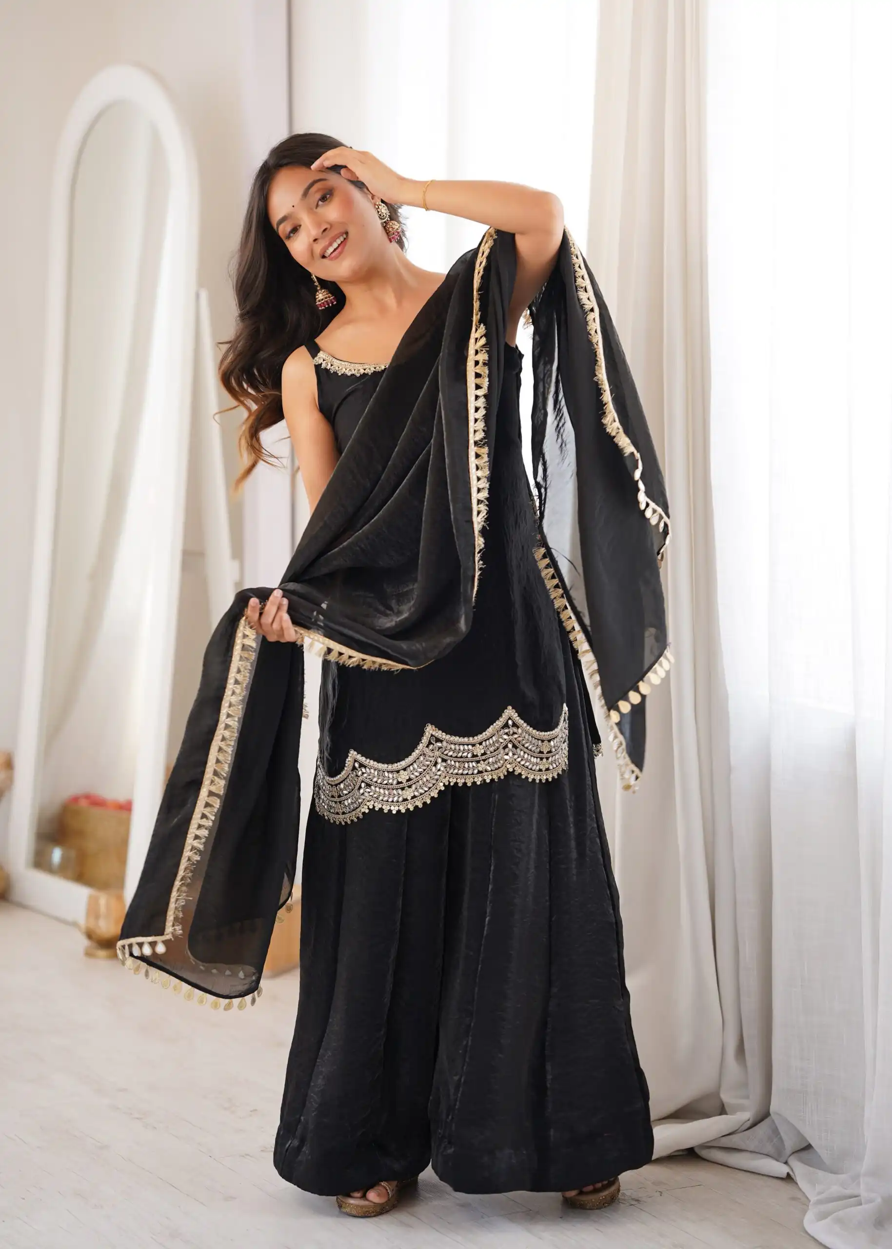 Aglow Black Fendy Silk ⁠Embroidery Mirror Work Salwar Suit - Image 15