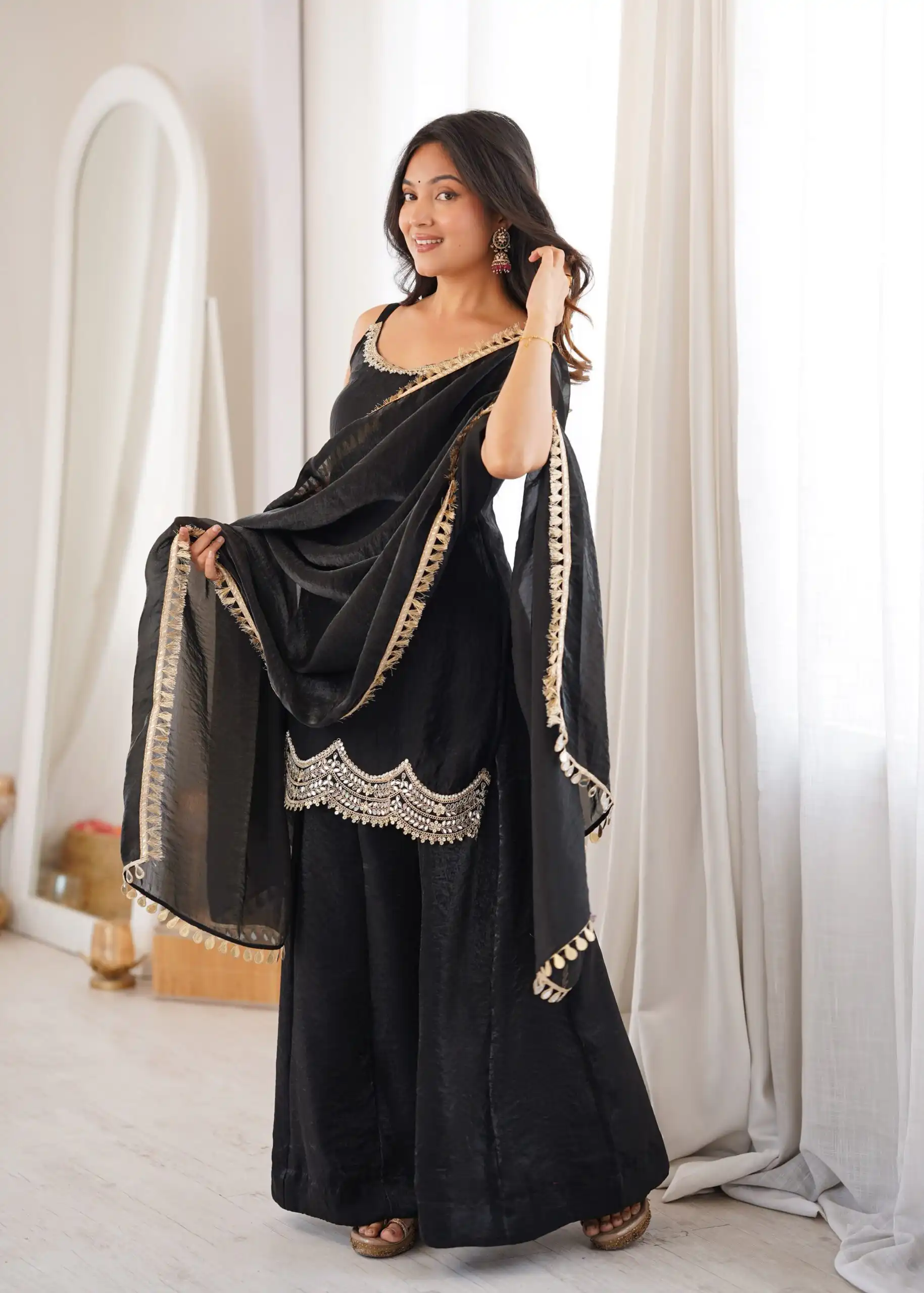 Aglow Black Fendy Silk ⁠Embroidery Mirror Work Salwar Suit - Image 14