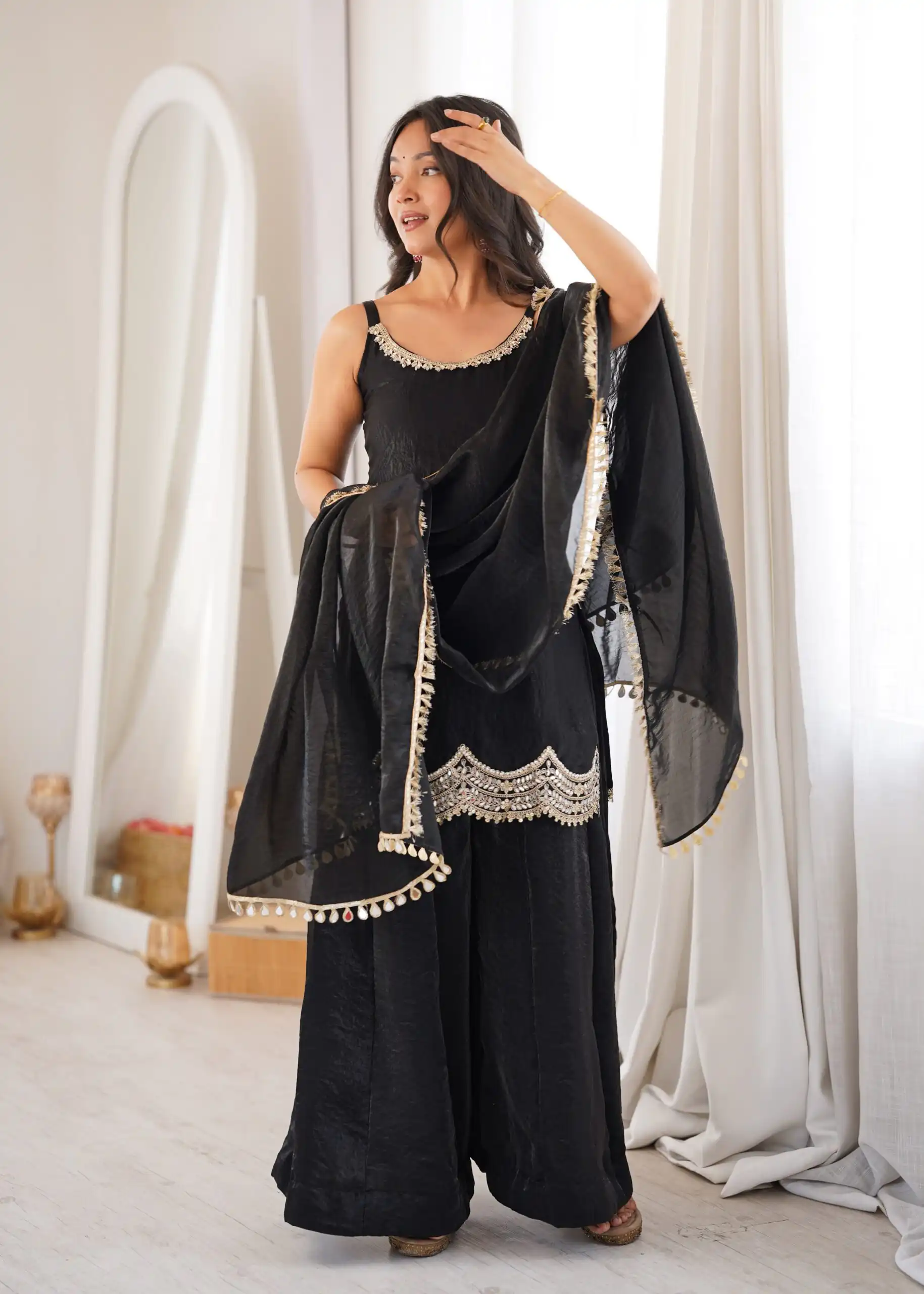 Aglow Black Fendy Silk ⁠Embroidery Mirror Work Salwar Suit - Image 10