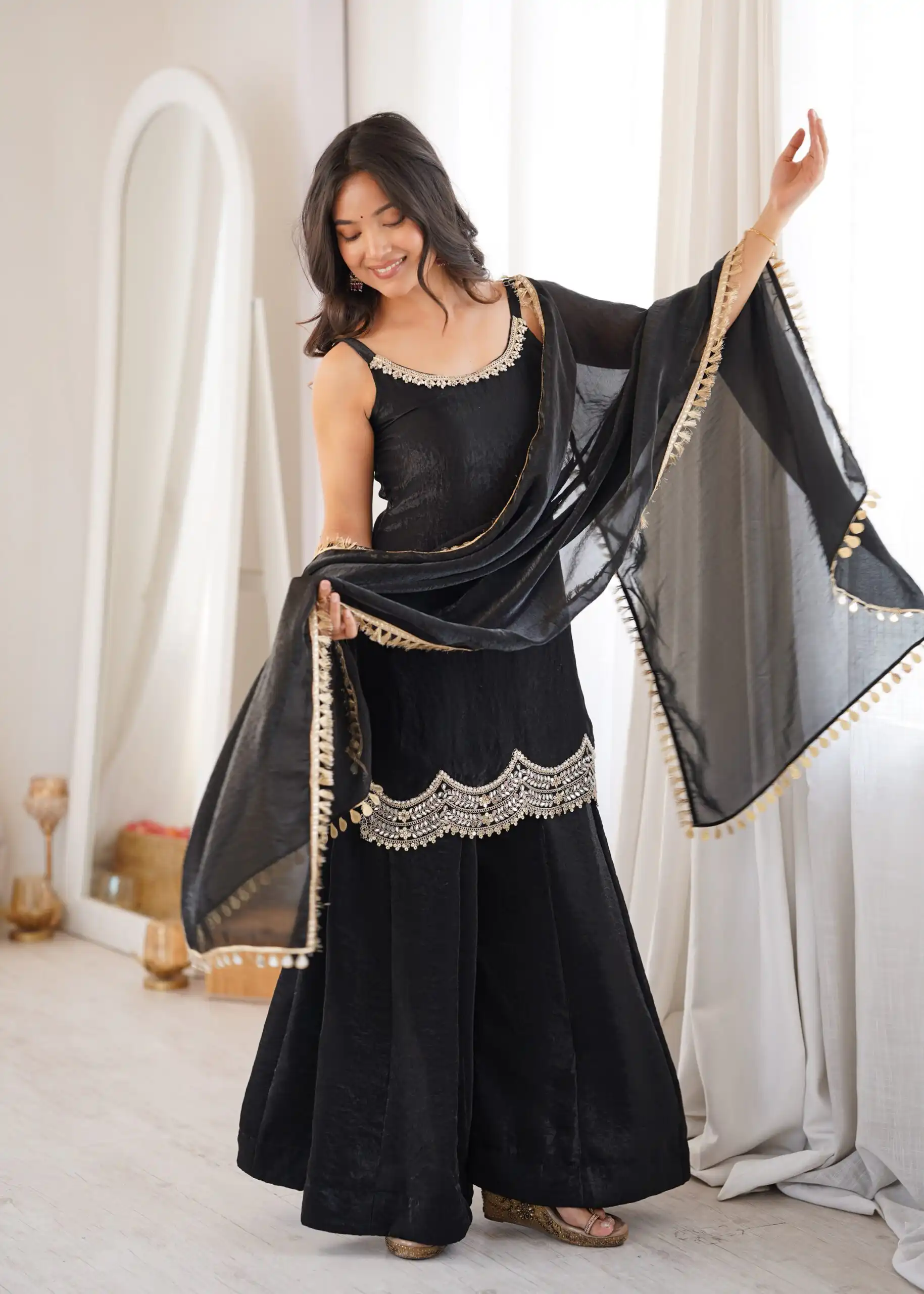 Aglow Black Fendy Silk ⁠Embroidery Mirror Work Salwar Suit - Image 9