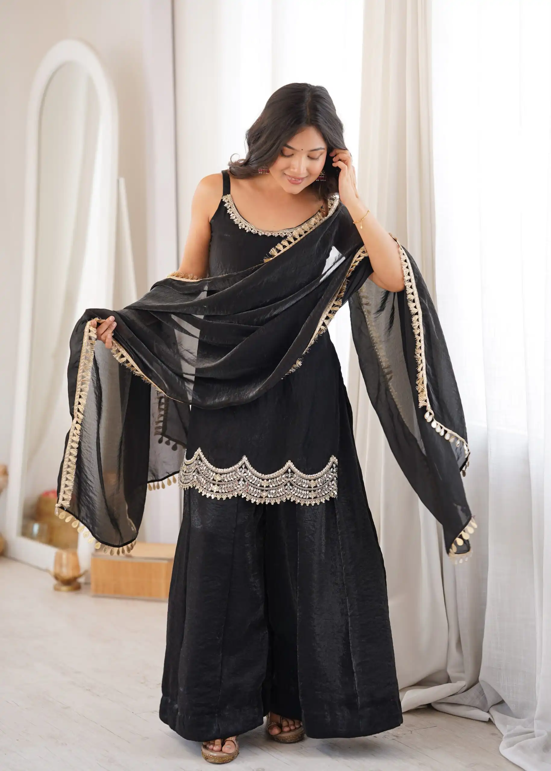 Aglow Black Fendy Silk ⁠Embroidery Mirror Work Salwar Suit - Image 13