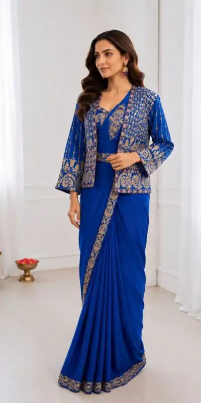 Alternative view of Aglow Blue Crep Silk Embroidery Work Saree