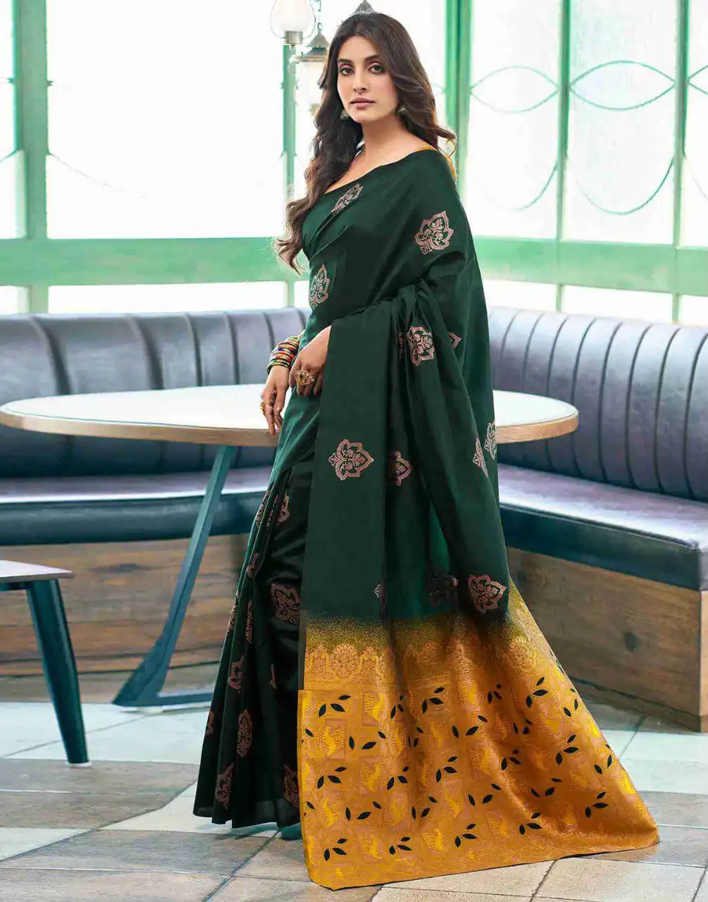 Aglow Green Soft Lichi Silk Jacquard Work Saree - Image 5