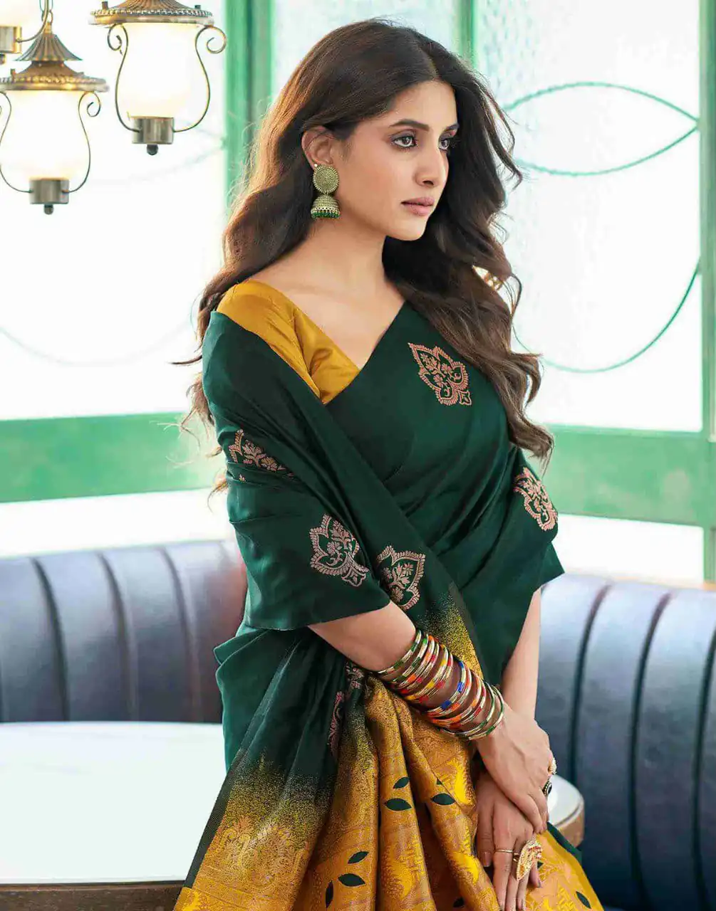 Aglow Green Soft Lichi Silk Jacquard Work Saree - Image 4