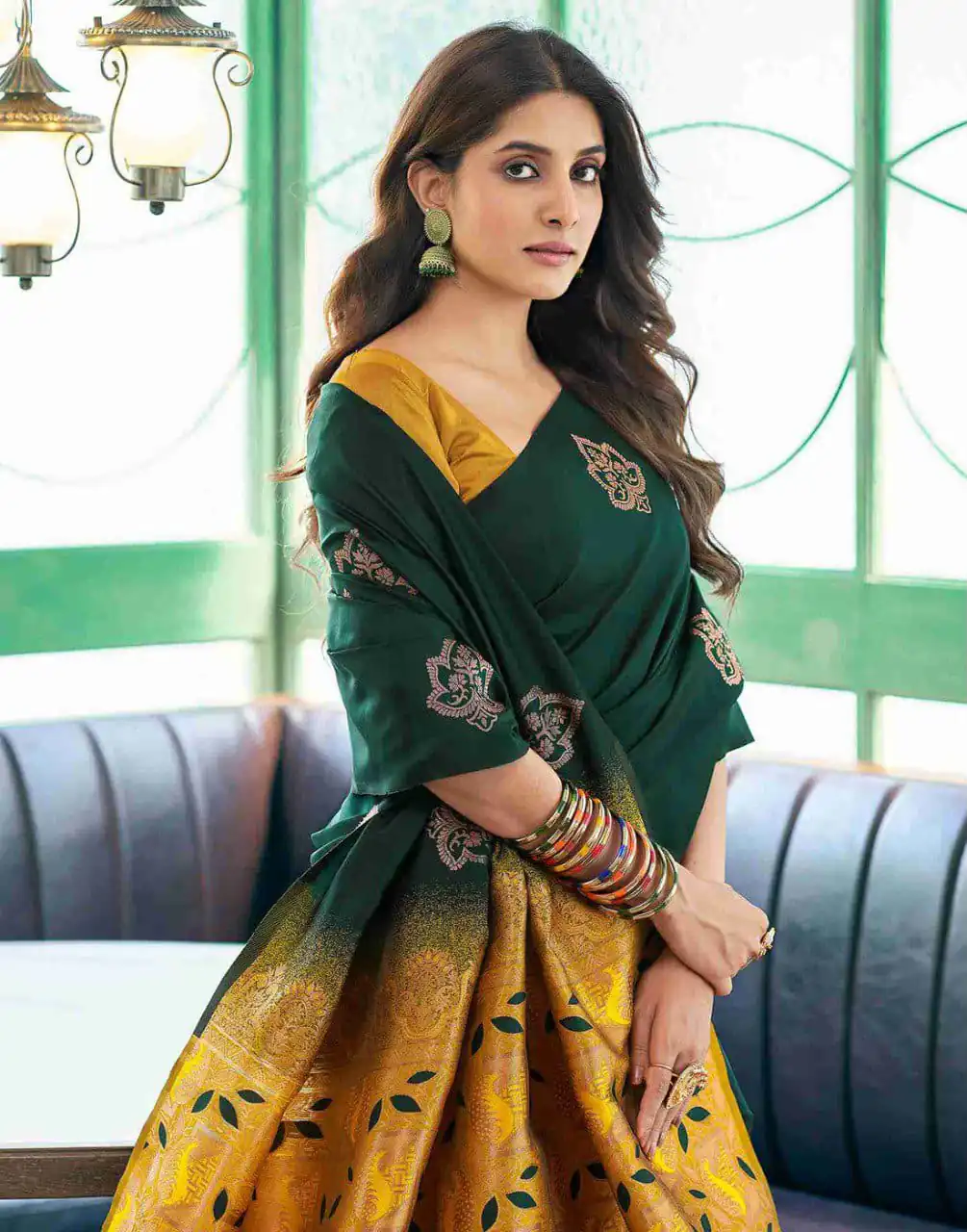 Aglow Green Soft Lichi Silk Jacquard Work Saree - Image 3