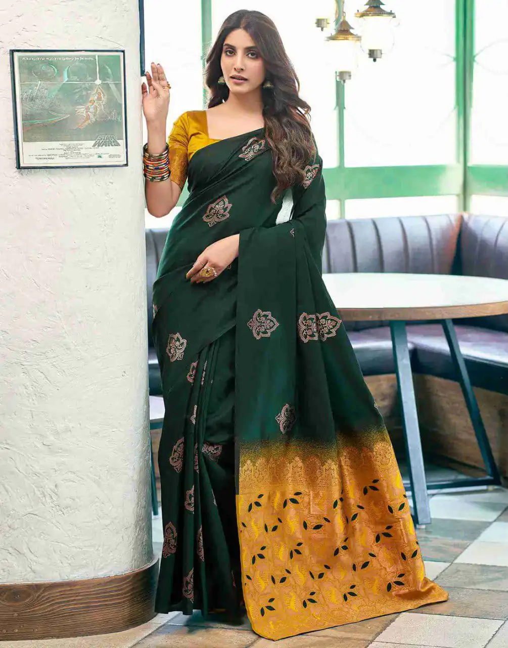 Aglow Green Soft Lichi Silk Jacquard Work Saree