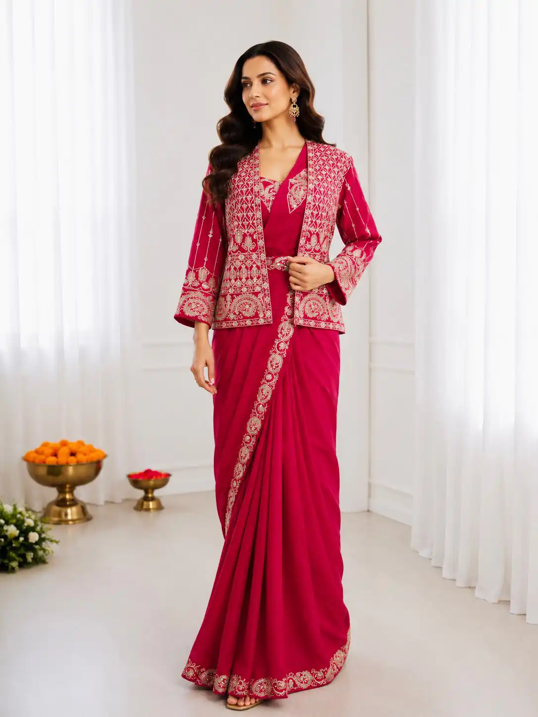Aglow Pink Crep Silk Embroidery Work Saree - Image 2