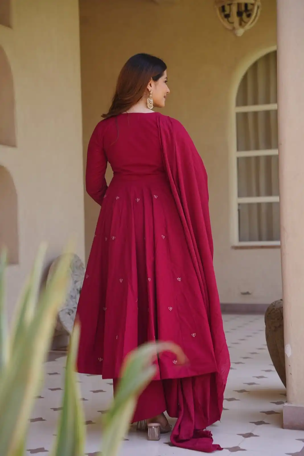 Aglow Pink Roman Silk Embroidery Work Anarkali Suit - Image 6