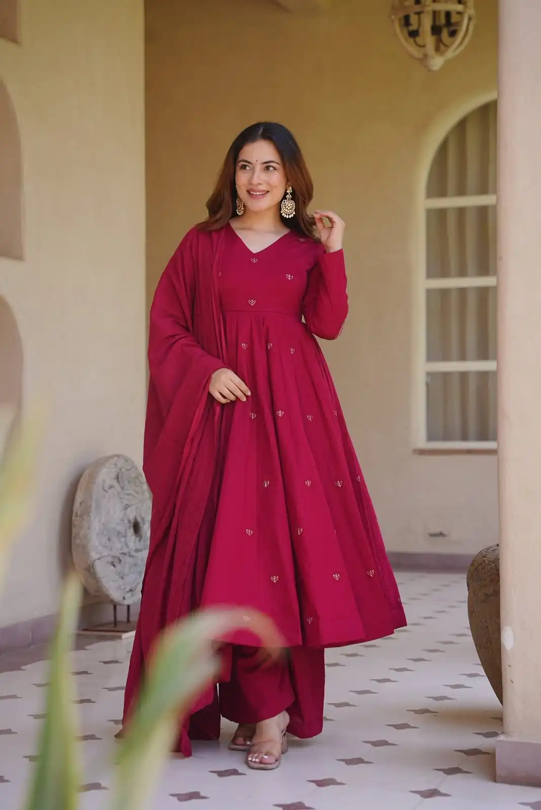 Aglow Pink Roman Silk Embroidery Work Anarkali Suit - Image 3