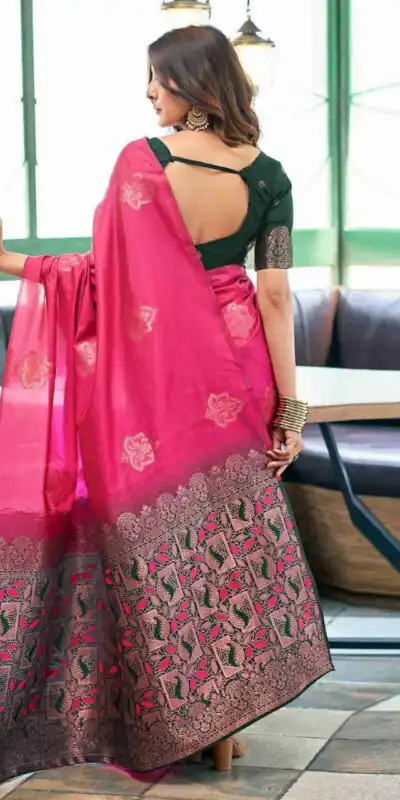 Alternative view of Aglow Pink Soft Lichi Silk Jacquard Work Saree