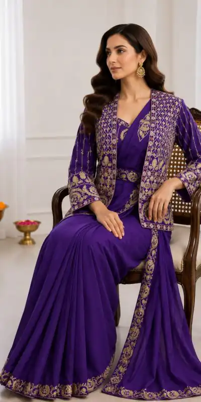 Alternative view of Aglow Purple Crep Silk Embroidery Work Saree