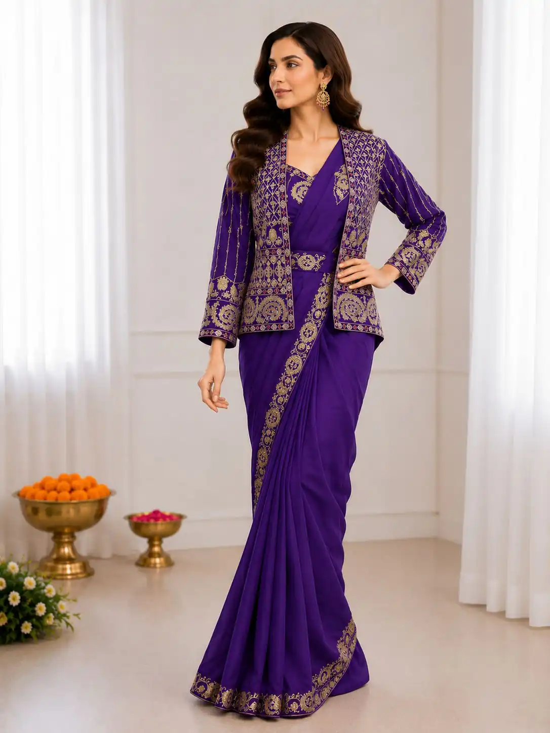 Aglow Purple Crep Silk Embroidery Work Saree - Image 3