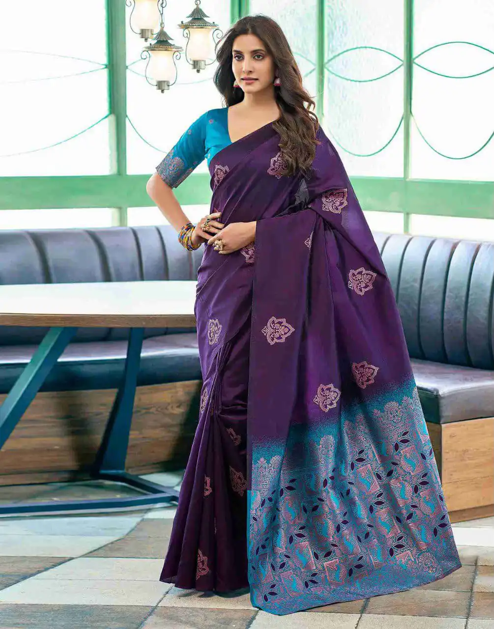 Aglow Purple Soft Lichi Silk Jacquard Work Saree - Image 5