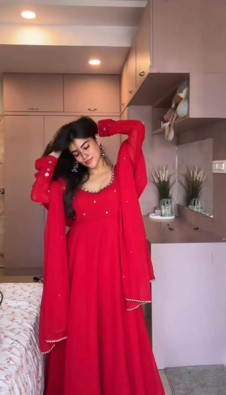 Aglow Red Faux Georgette Embroidery Work Gown - Image 7