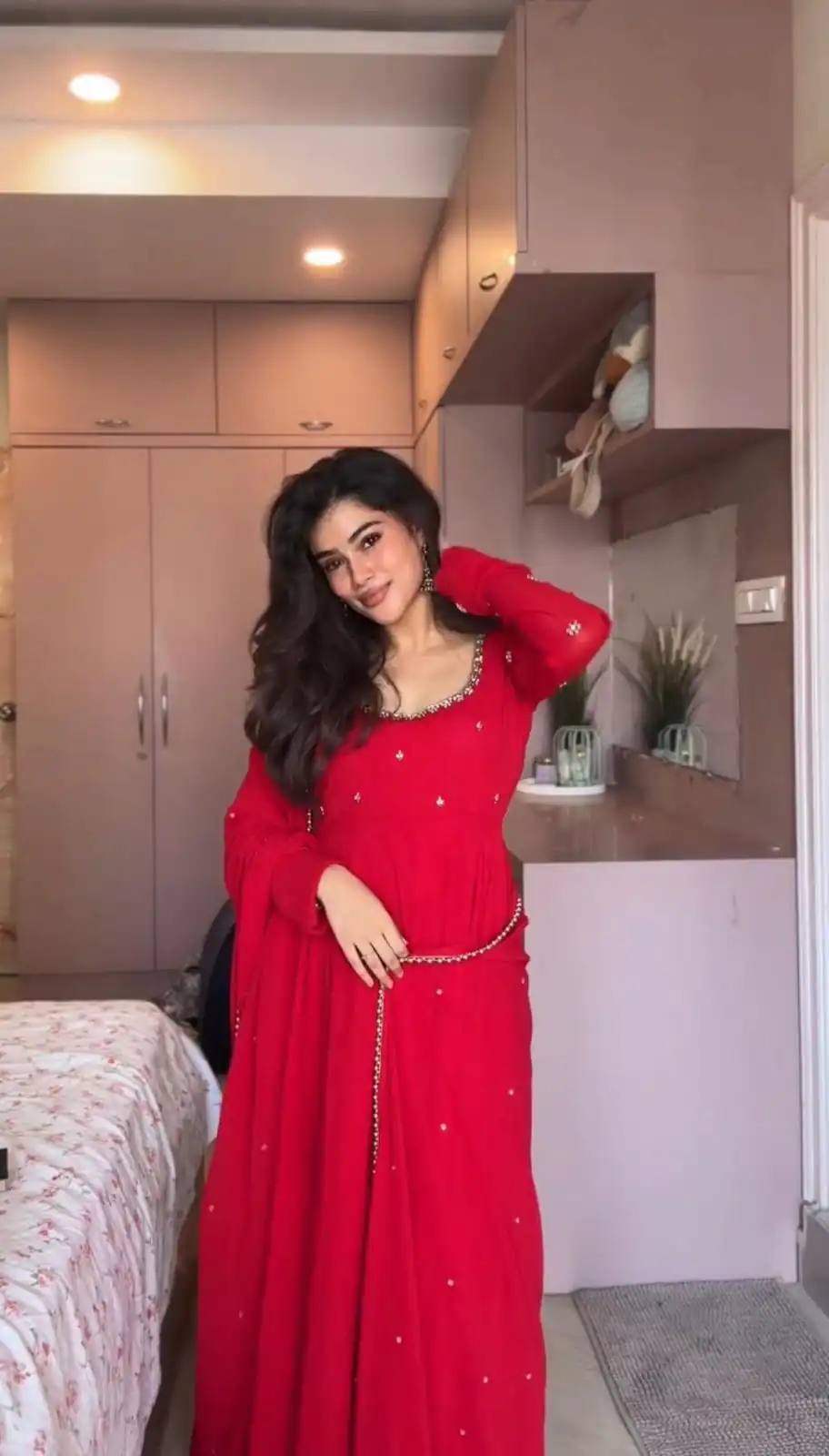 Aglow Red Faux Georgette Embroidery Work Gown - Image 6