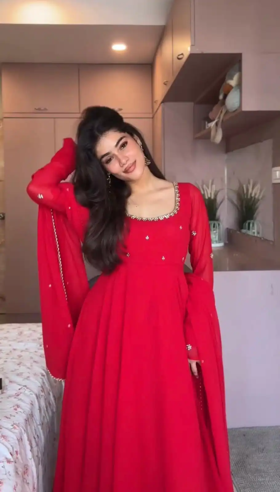 Aglow Red Faux Georgette Embroidery Work Gown - Image 2