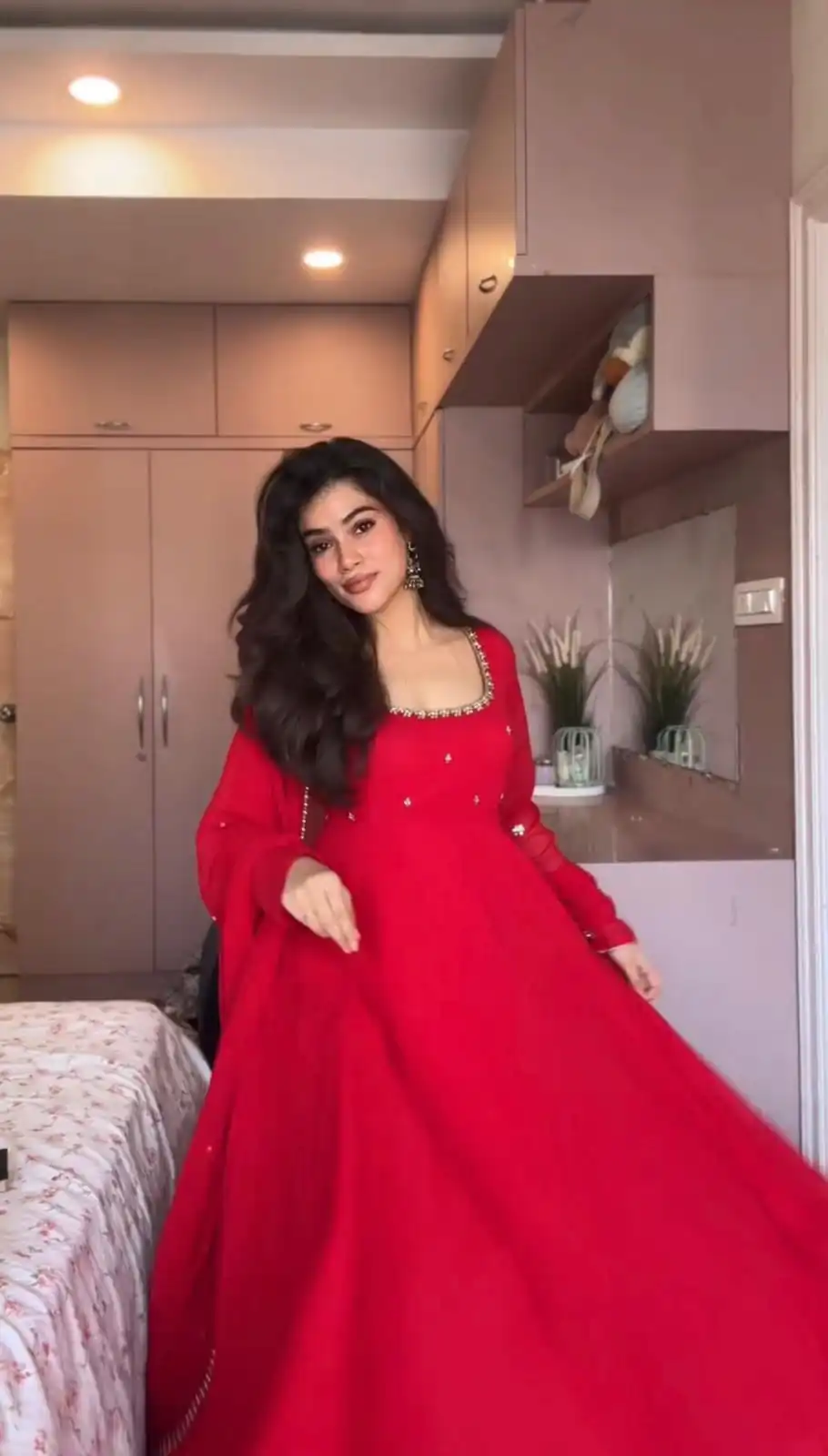 Aglow Red Faux Georgette Embroidery Work Gown