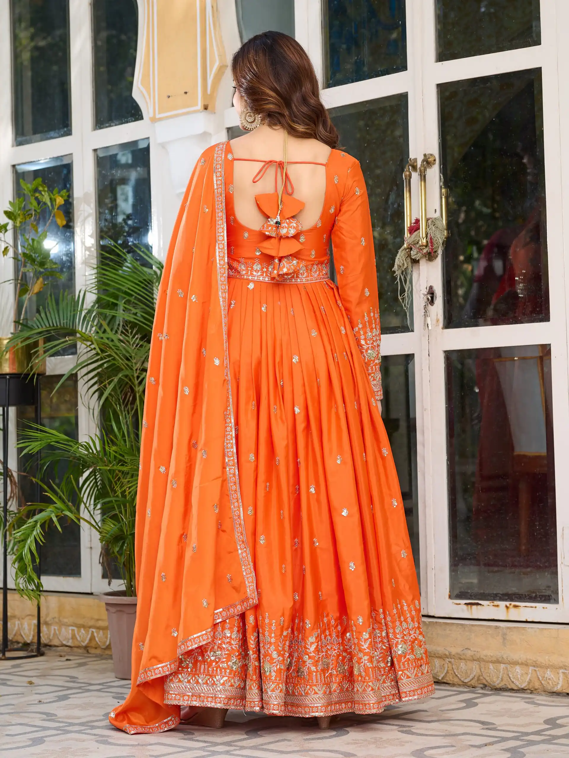 Attractive Orange American Silk Sequins Work Gown - Image 3