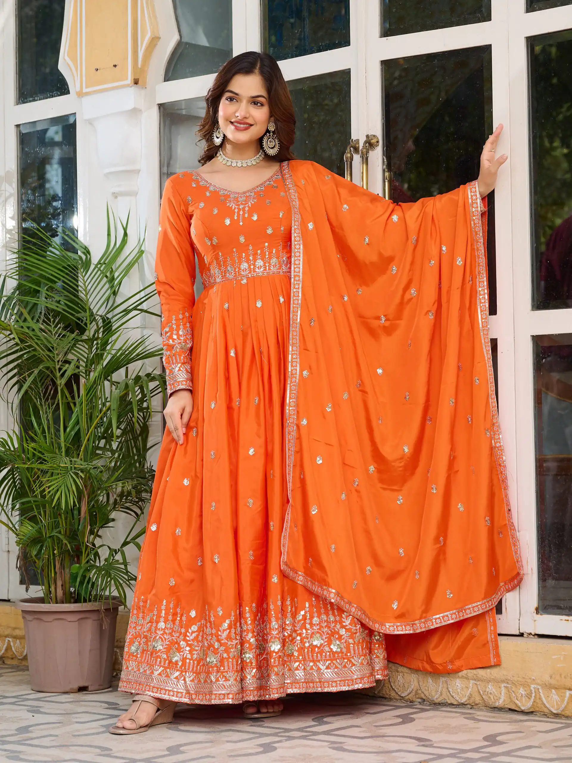 Attractive Orange American Silk Sequins Work Gown - Image 2