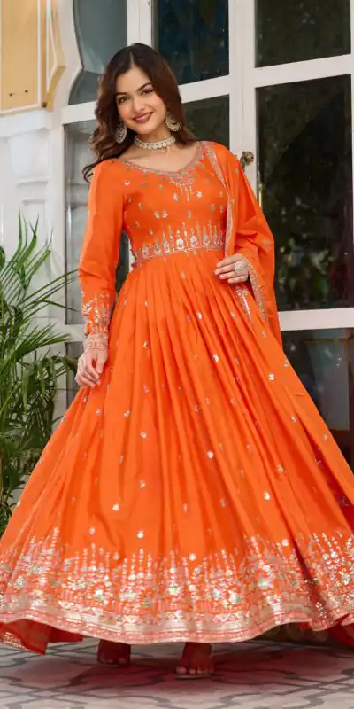 Attractive Orange American Silk Sequins Work Gown