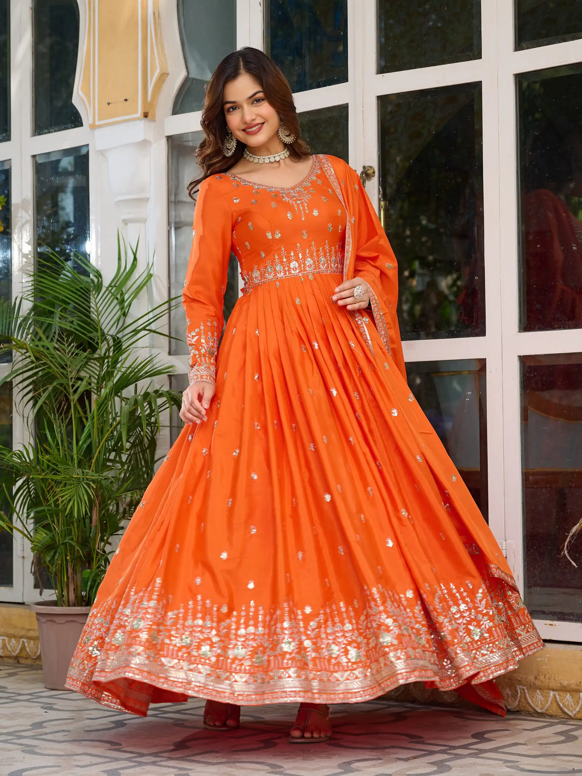 Attractive Orange American Silk Sequins Work Gown