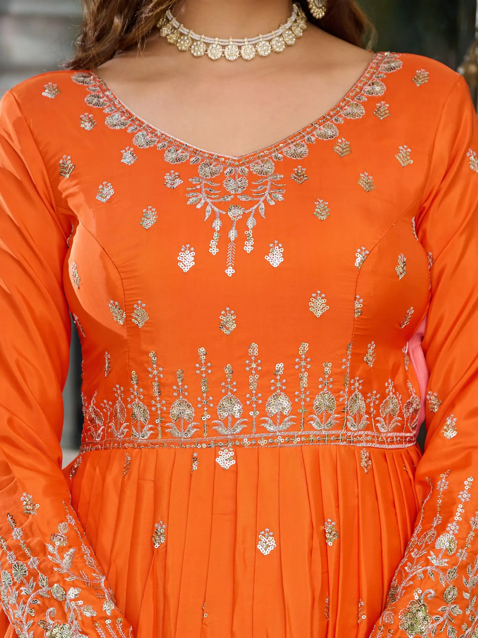 Attractive Orange American Silk Sequins Work Gown - Image 5