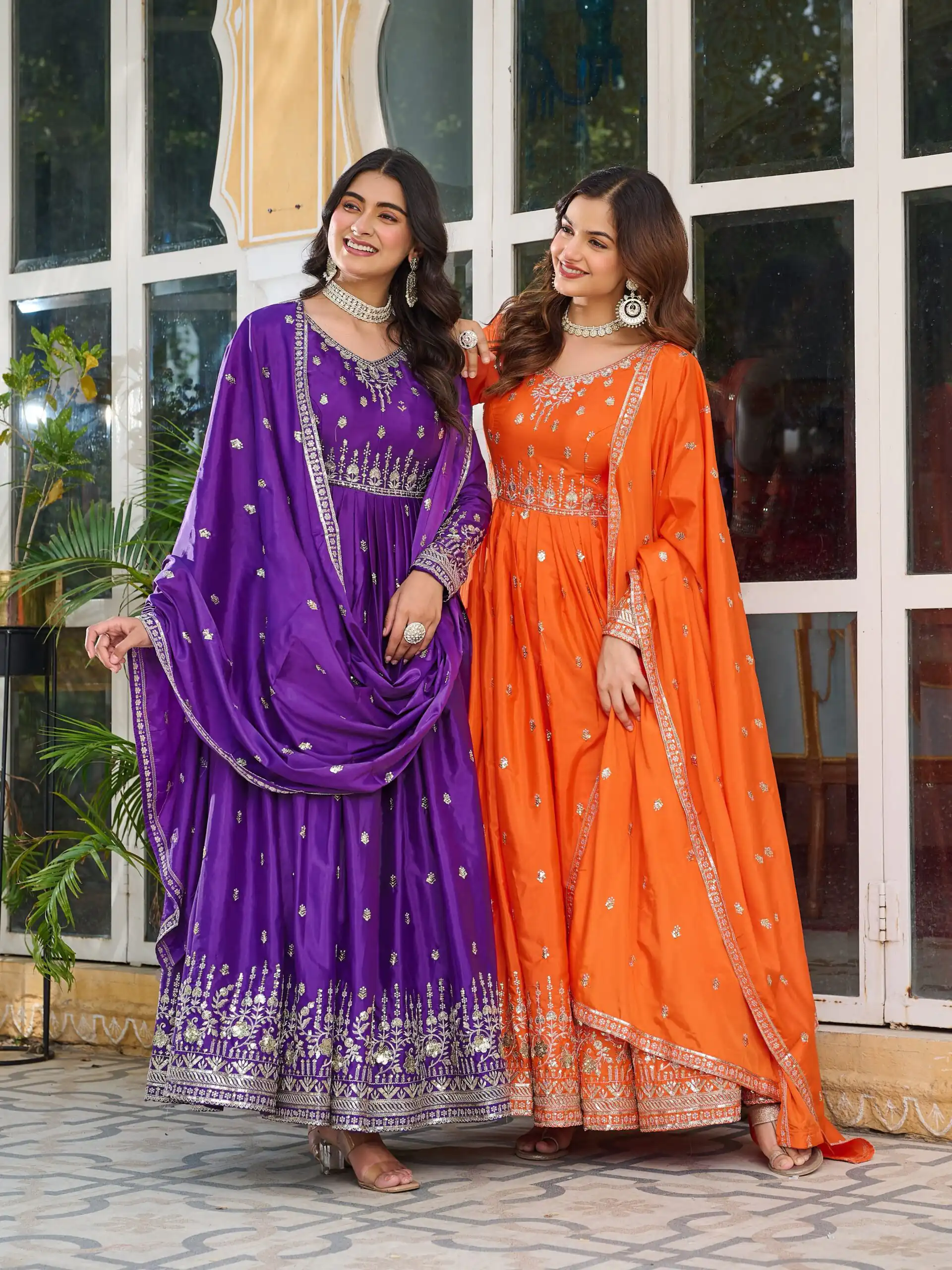 Attractive Orange American Silk Sequins Work Gown - Image 6