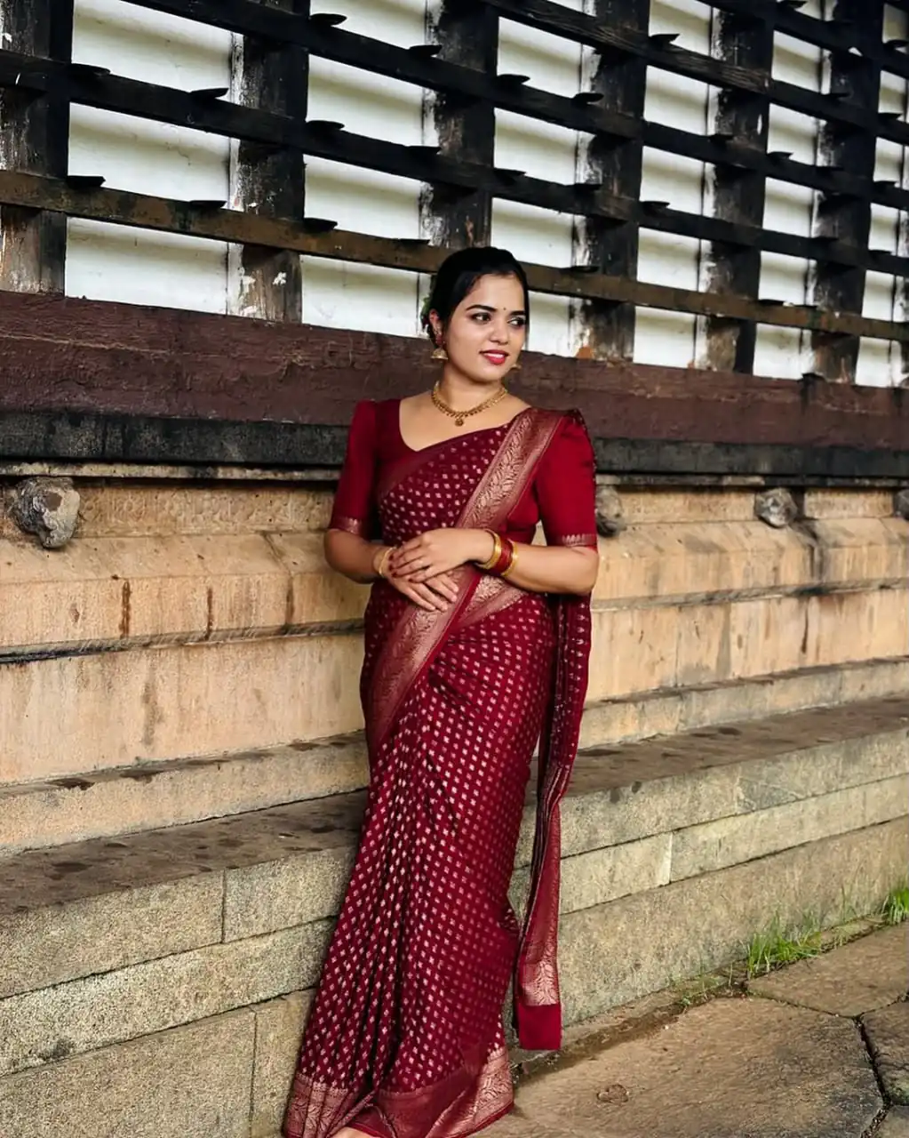 Beautiful Maroon Soft Lichi Silk Lace Work Saree