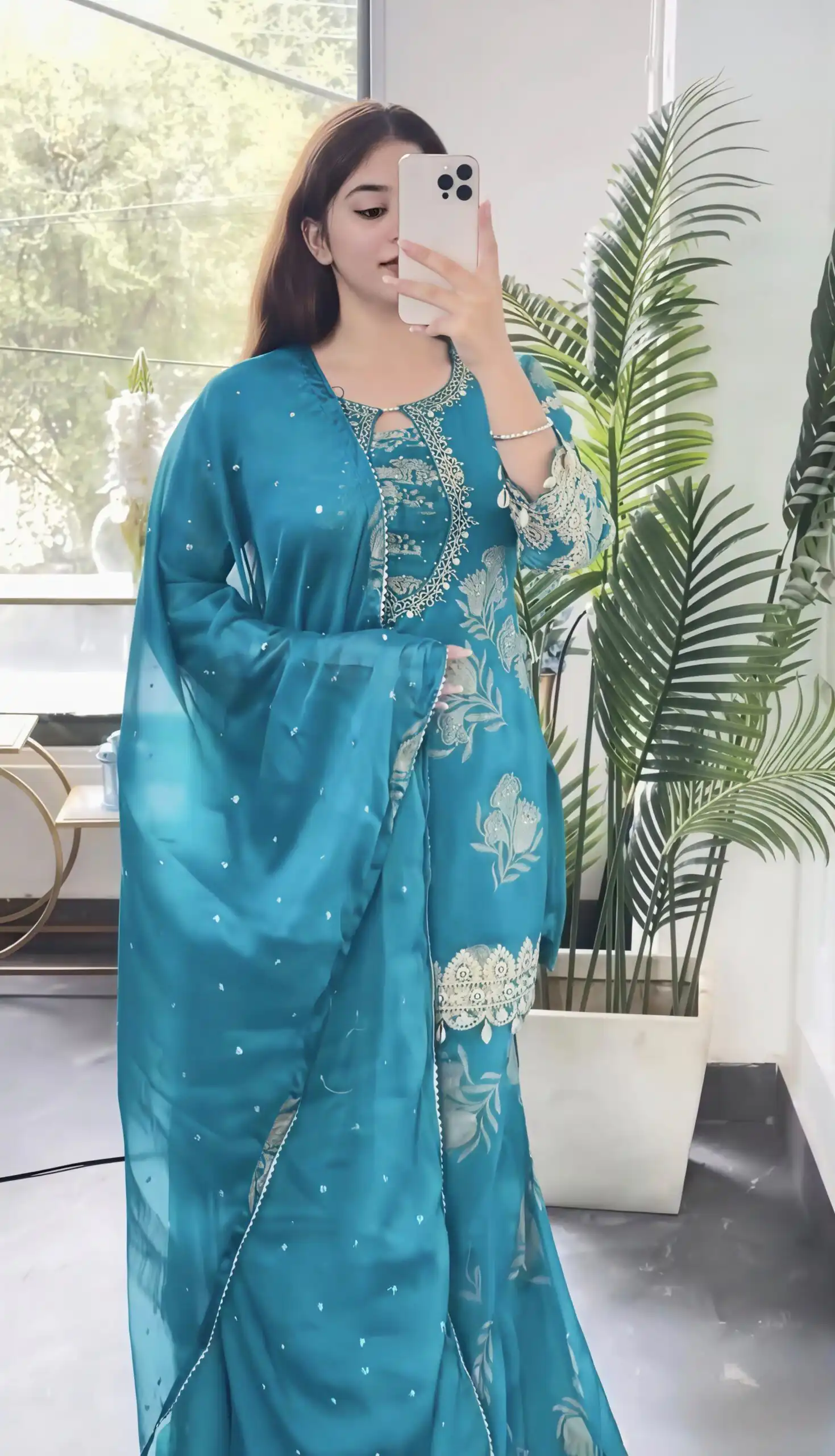 Beautiful Sky Blue Faux Georgette Sequins Salwar Suit