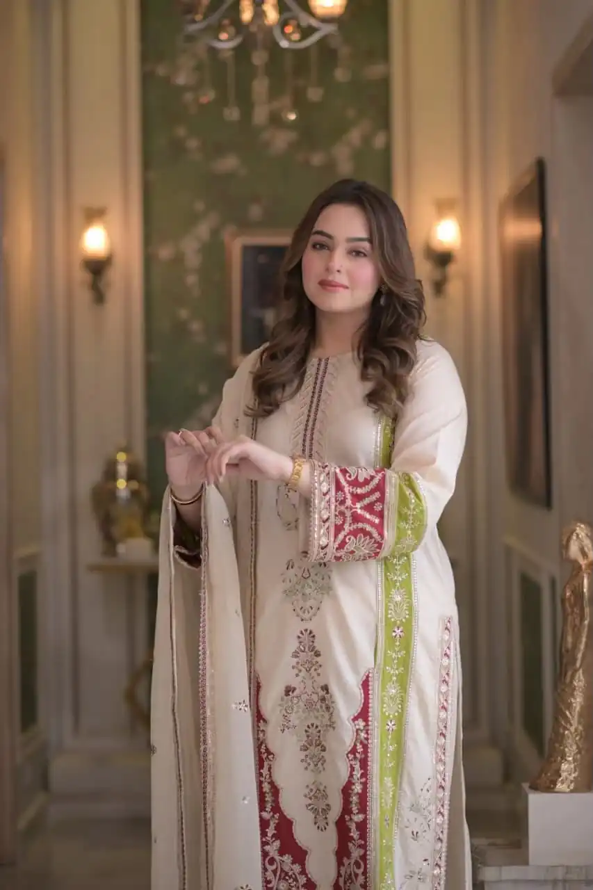 Best Cream Roman Silk Embroidery Work Salwar Suit - Image 8