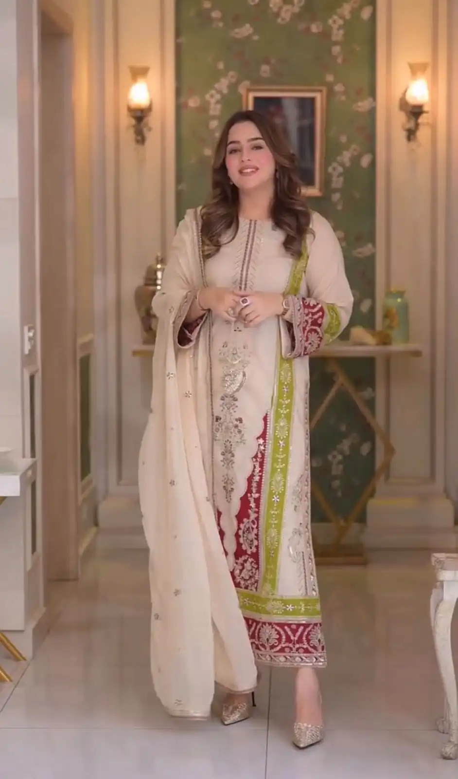 Best Cream Roman Silk Embroidery Work Salwar Suit - Image 4