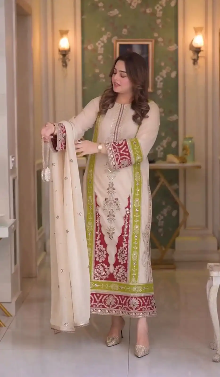 Best Cream Roman Silk Embroidery Work Salwar Suit - Image 3