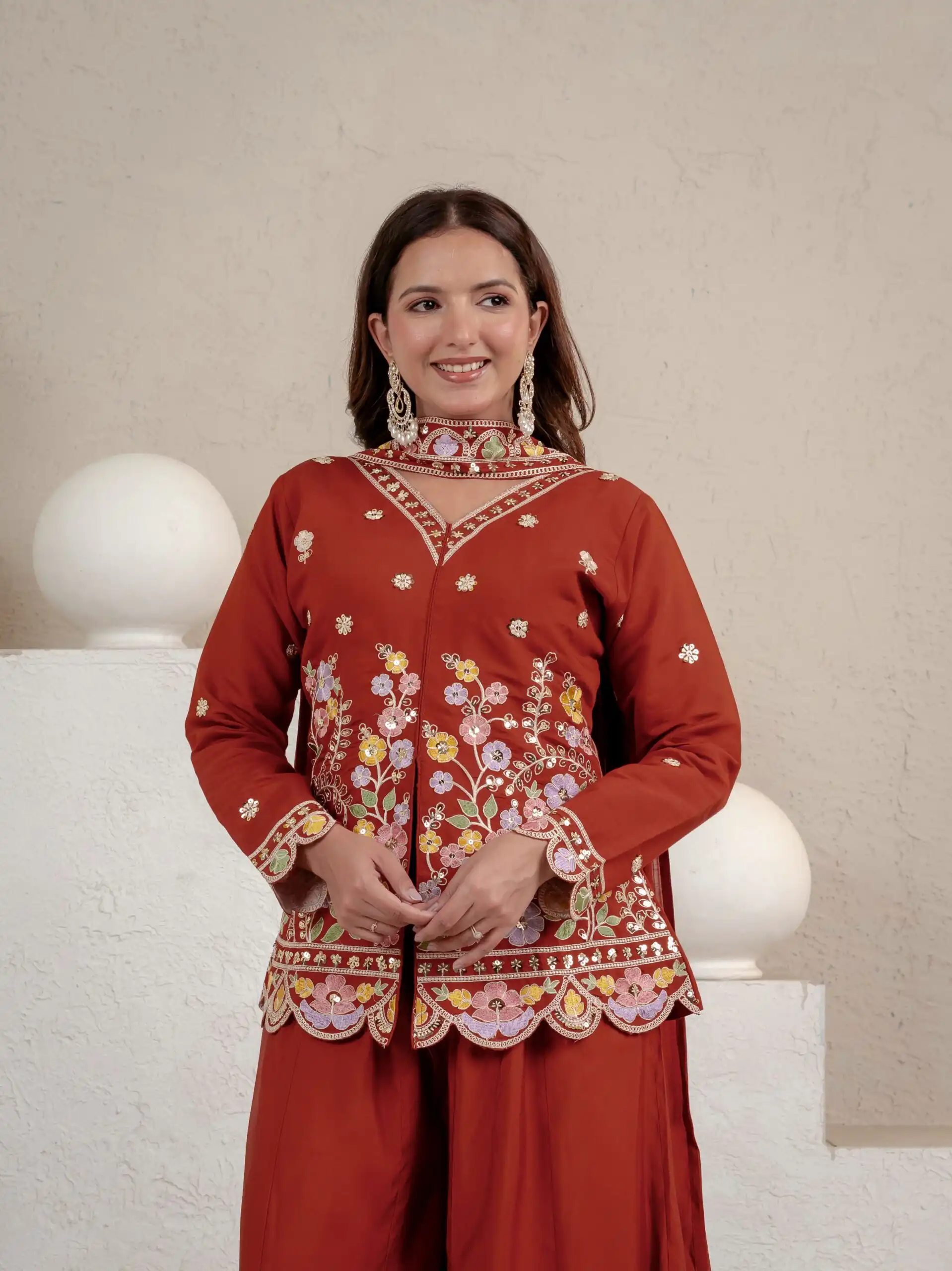 Best Rust Roman Silk Embroidery Sequins Work Salwar Suit - Image 6