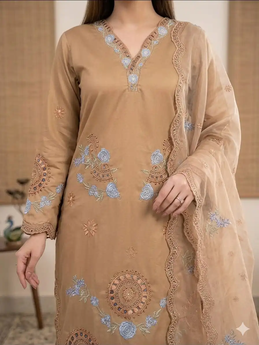 Classic Chiku Roman Embroidery Cut Work Salwar Suit - Image 8