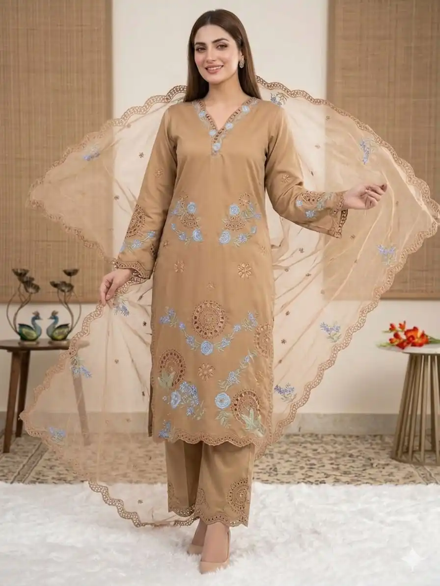 Classic Chiku Roman Embroidery Cut Work Salwar Suit - Image 7
