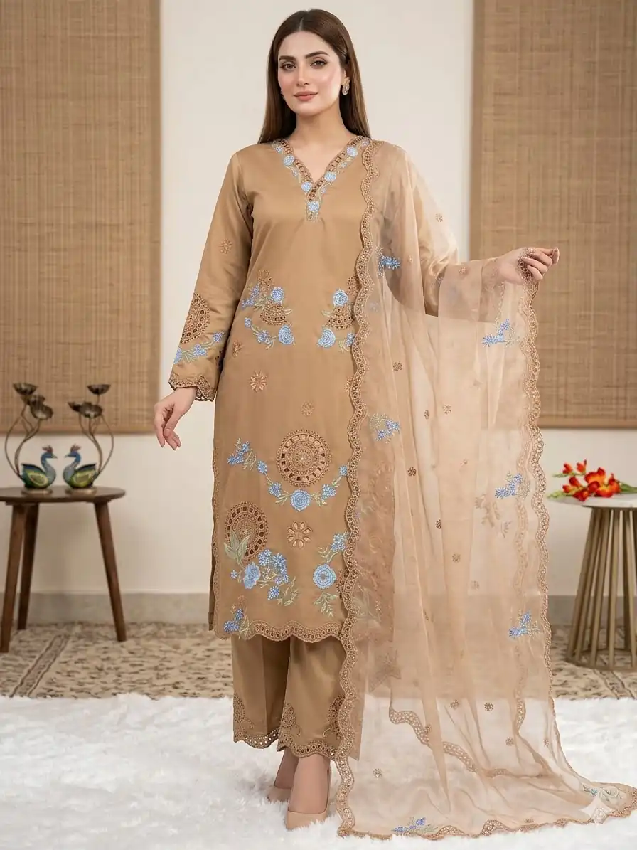 Classic Chiku Roman Embroidery Cut Work Salwar Suit - Image 6