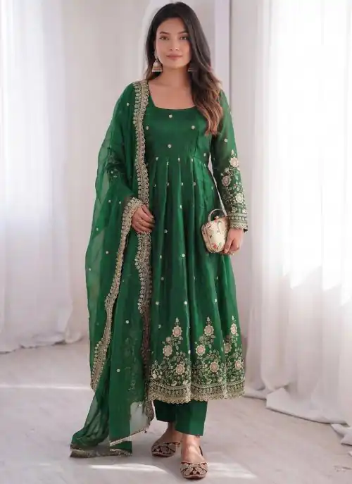 Classic Green Fendy Silk Embroidery Sequins Work Gown