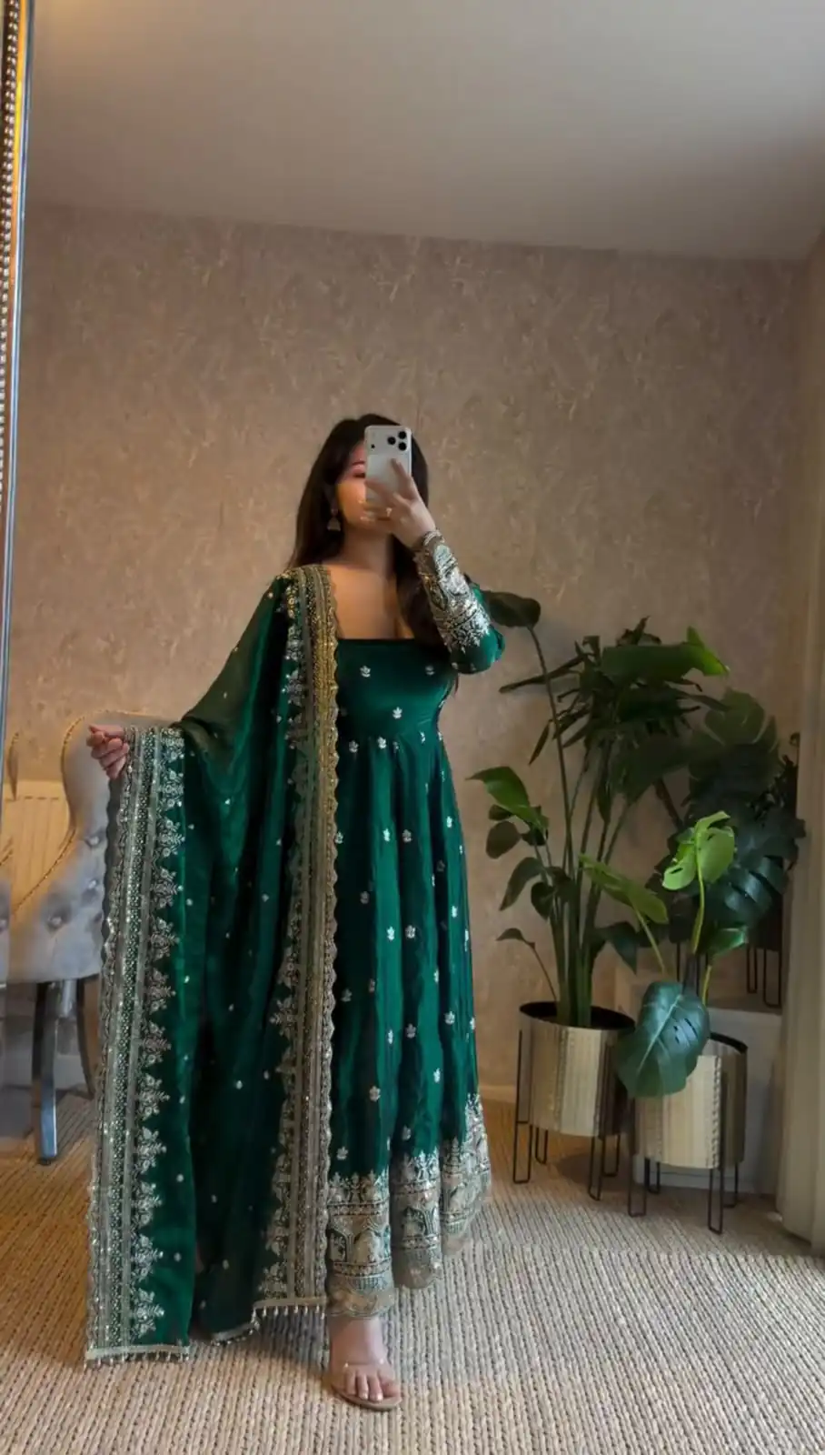 Classic Green Georgette Embroidery Work Gown - Image 3