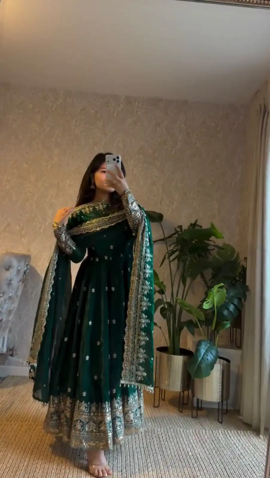 Classic Green Georgette Embroidery Work Gown