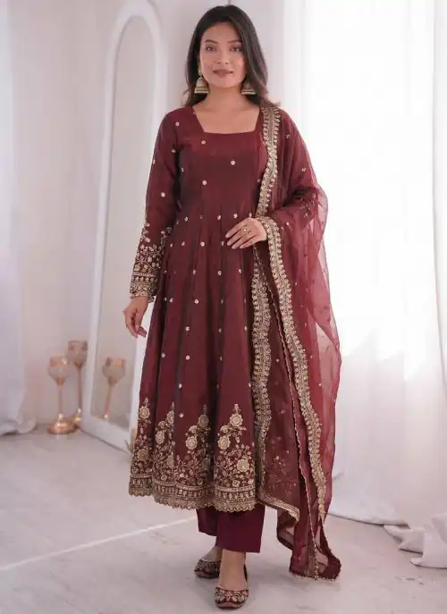 Classic Maroon Fendy Silk Embroidery Sequins Work Gown