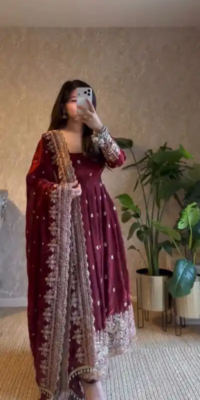 Alternative view of Classic Maroon Georgette Embroidery Work Gown