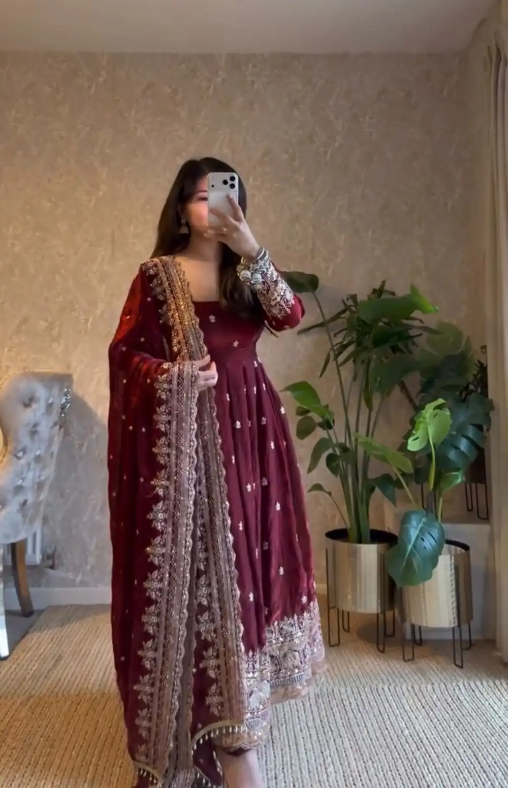 Classic Maroon Georgette Embroidery Work Gown - Image 2