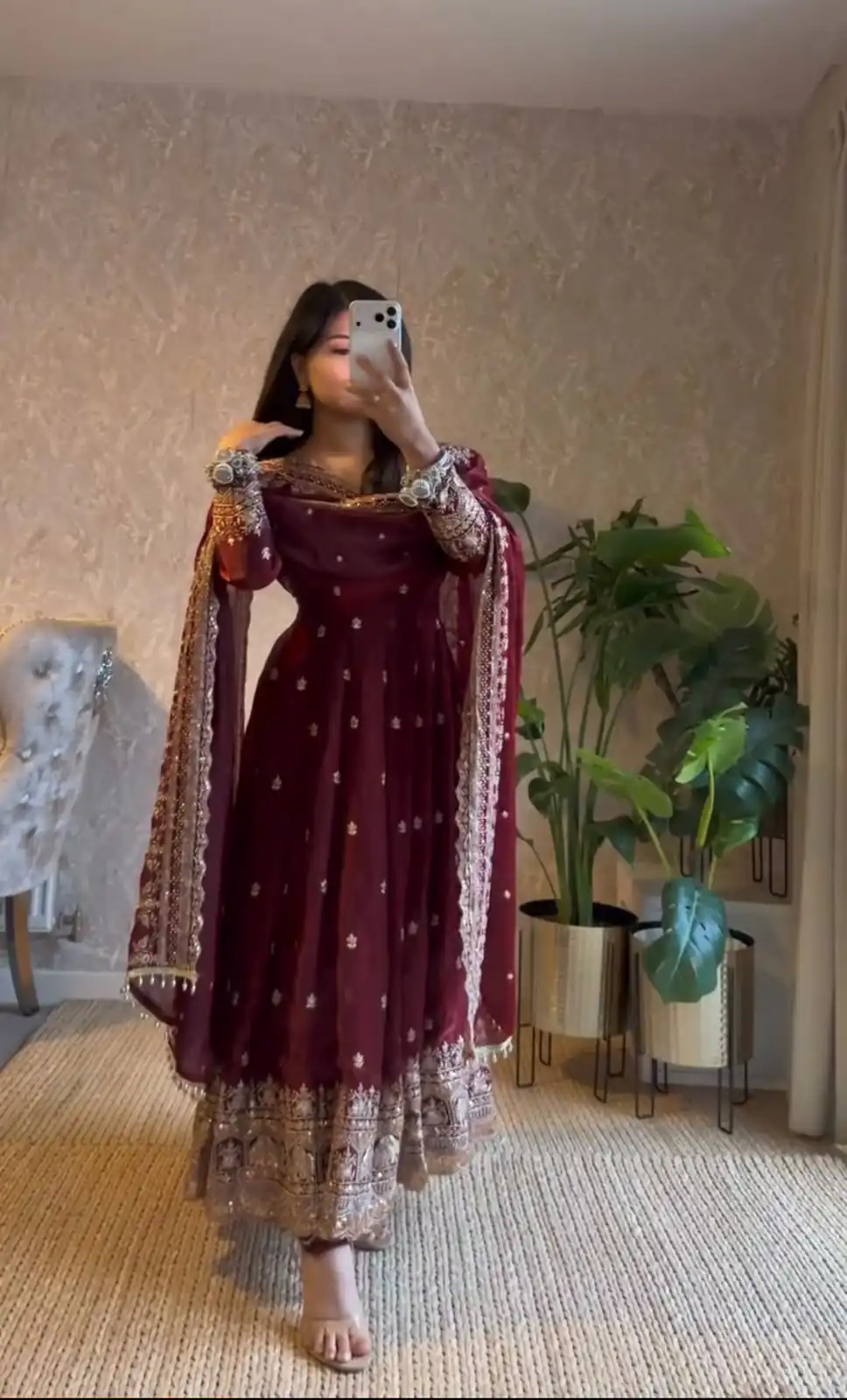 Classic Maroon Georgette Embroidery Work Gown - Image 4