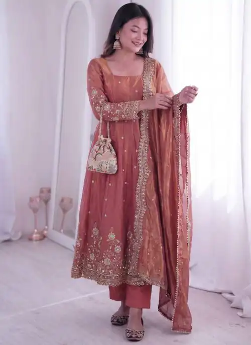 Classic Peach Fendy Silk Embroidery Sequins Work Gown