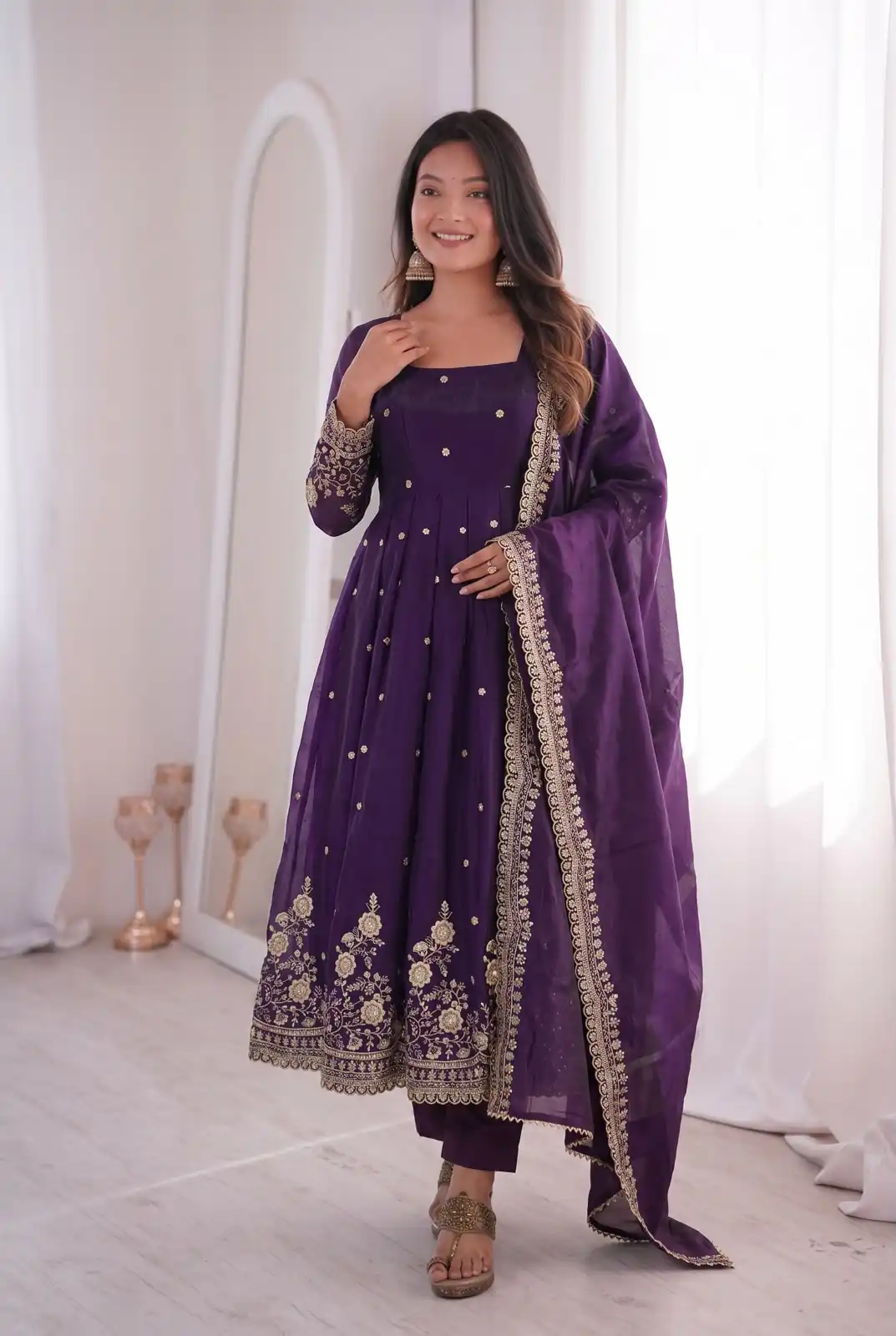 Classic Purple Fendy Silk Embroidery Sequins Work Gown
